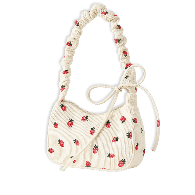 Petit Sac à Main en Velours Côtelé Motif Fraise – Mini Sac Bandoulière Saclya