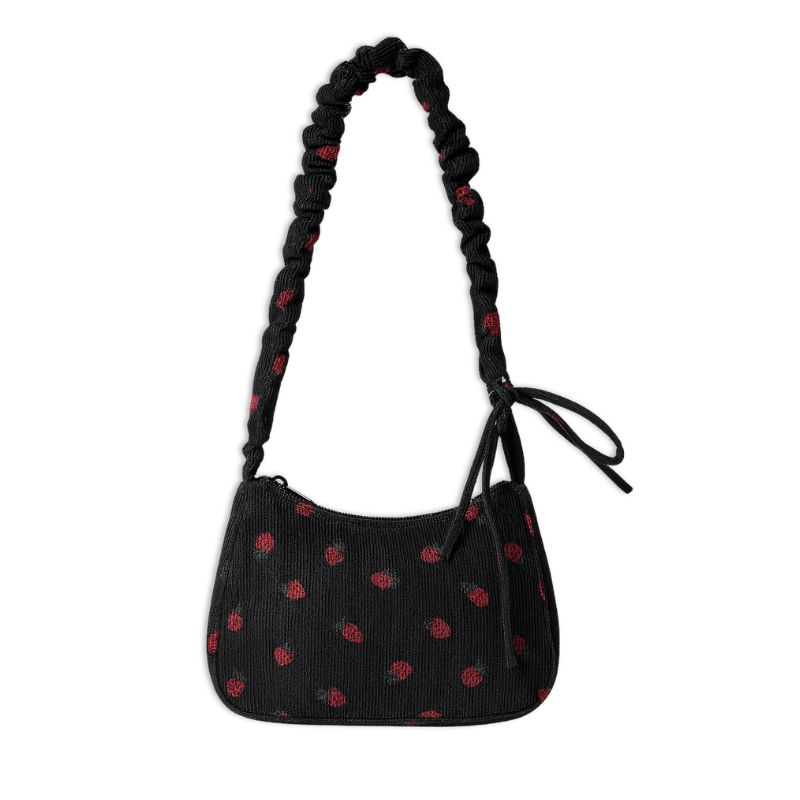 Petit Sac à Main en Velours Côtelé Motif Fraise – Mini Sac Bandoulière Saclya