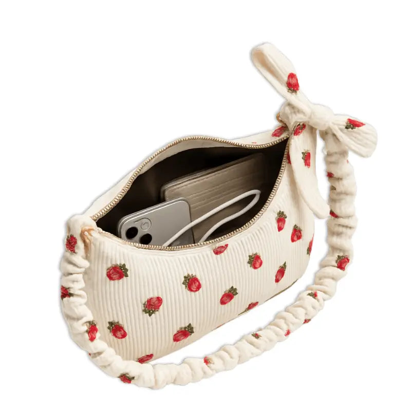 Petit sac velours côtelé blanc à motifs fraises, vue intérieure avec doublure.