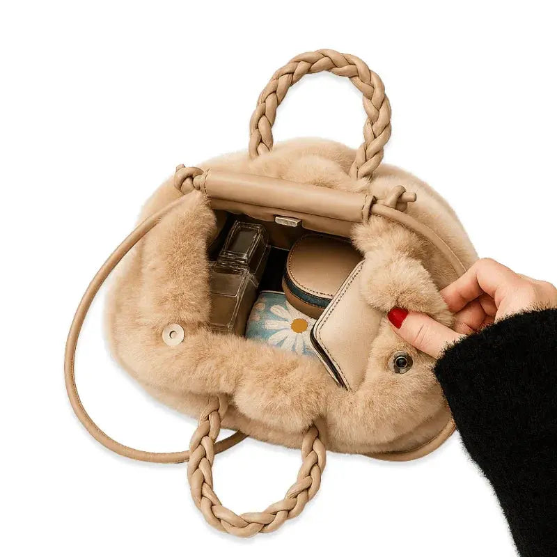 Intérieur du sac à main en fausse fourrure avec poche bouton pression