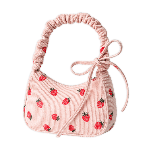 Petit Sac à Main en Velours Côtelé Motif Fraise – Mini Sac Bandoulière Saclya