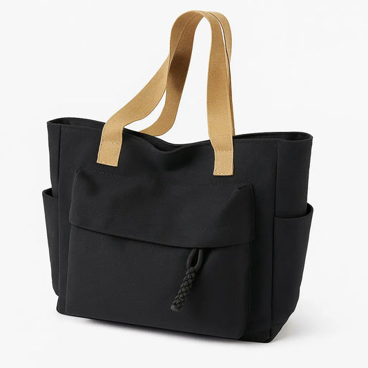Sac CAMILLE noir, grande poche avant et anses beiges.